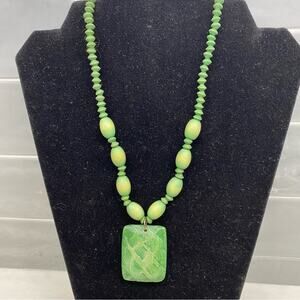 Lime green wooden carved beaded necklace unsigned